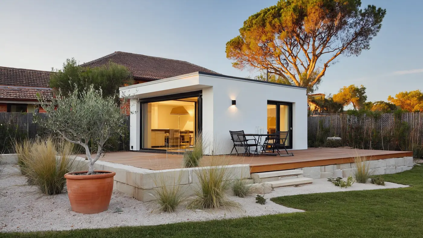 A white rendered granny flat with a timber deck behind a red-brick Perth home