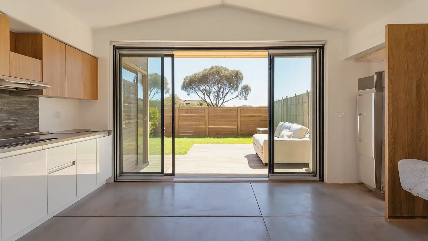 Bright open-plan granny flat interior opening onto a sunny backyard